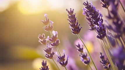 Obraz premium A close-up of blooming lavender flowers bathed in warm golden sunlight. The soft focus background enhances the delicate purple hues, creating a serene and calming atmosphere. 