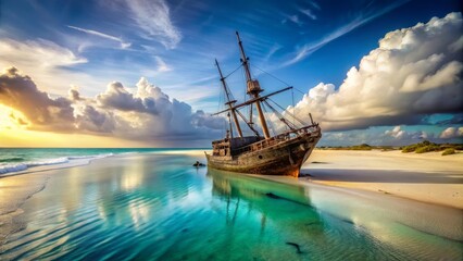 Majestic Shipwreck of a Massive Sailing Vessel Resting on a Shallow Sandbar Surrounded by Turquoise Waters and White Sandy Beach, Dramatic Coastal View