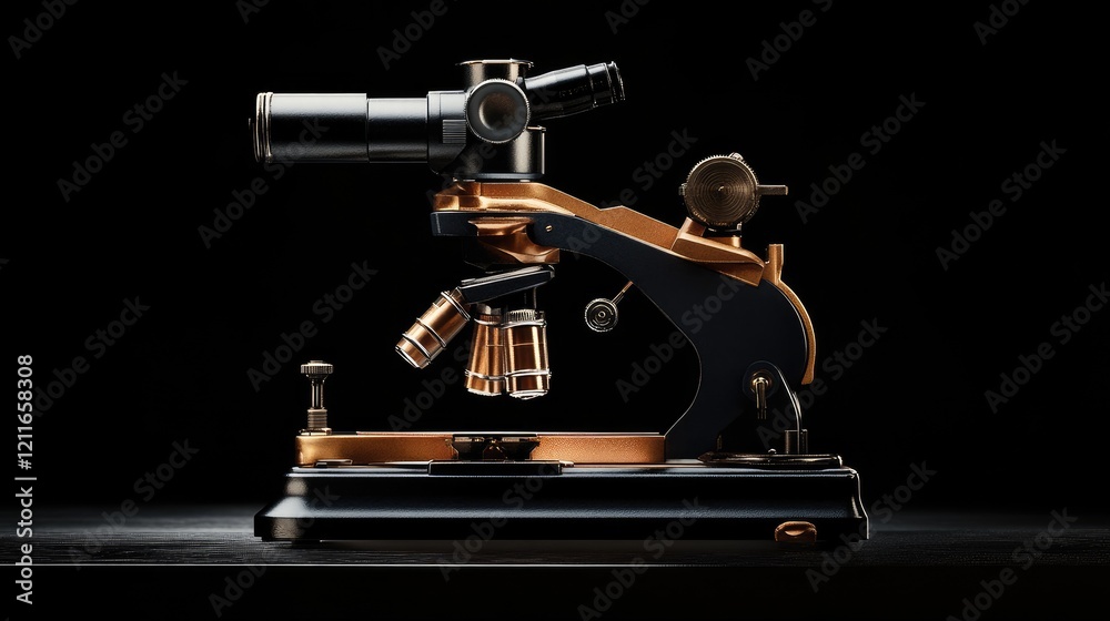 Poster a high-quality microscope bathed in soft light, emphasizing its scientific details and creating a re