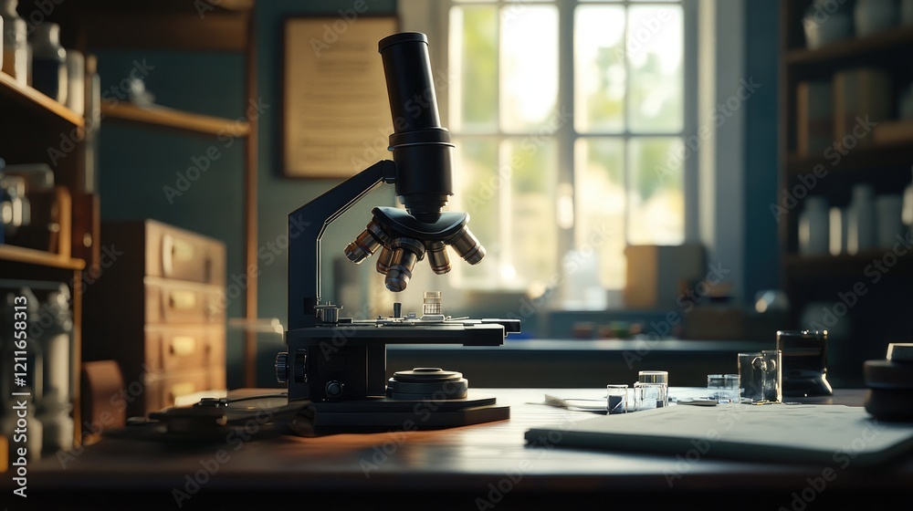 Poster A high-quality microscope bathed in soft light, emphasizing its scientific details and creating a refined, precise atmosphere.