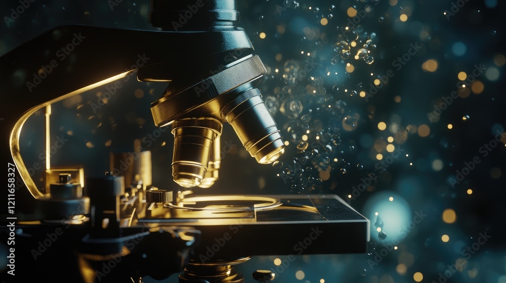 Poster A high-quality microscope bathed in soft light, emphasizing its scientific details and creating a refined, precise atmosphere.