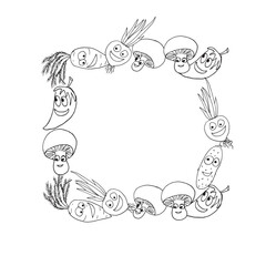 funny crazy vegetables with emotions smile black and white vector illustration doodle square frame isolated on white background base for tableware design textile typography