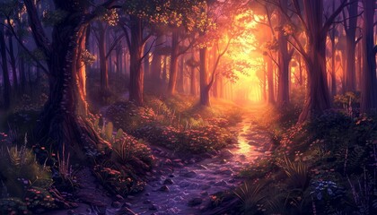 A sunlit path winds through a lush, verdant forest with a small stream in the center of the frame, bathed in a warm, golden glow.