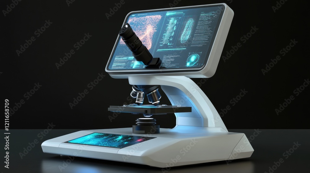Poster A high-tech digital microscope featuring dynamic holographic displays, highlighting innovation in modern science education.