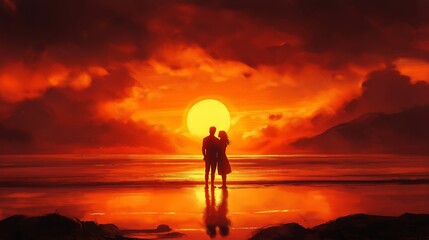 Obraz premium Romantic Couple Silhouette at Sunset Beach