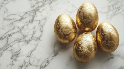 Obraz premium Four ornate gold eggs resting on marble surface