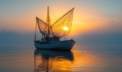 Sunrise, fishing boat, calm water, golden light.