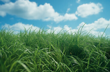 Obraz premium A vibrant green grassy field under a clear blue sky with fluffy white clouds, captured in high definition to showcase the natural beauty and serene atmosphere