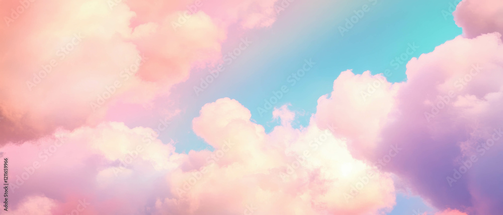 Poster rainbow clouds forming abstract shapes in a dreamy sky with a peaceful atmosphere