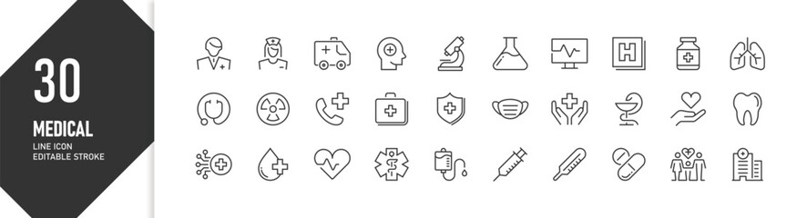 30 Editable Medical line icons set including doctor, nurse, ambulance, and more