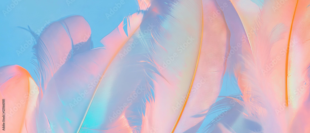 Poster rainbow feathers floating in a soft, abstract background of delicate beauty