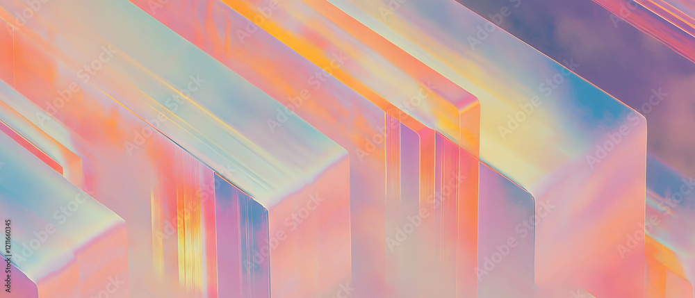 Poster rainbow colored geometric patterns create optical illusions and abstract designs in vibrant hues
