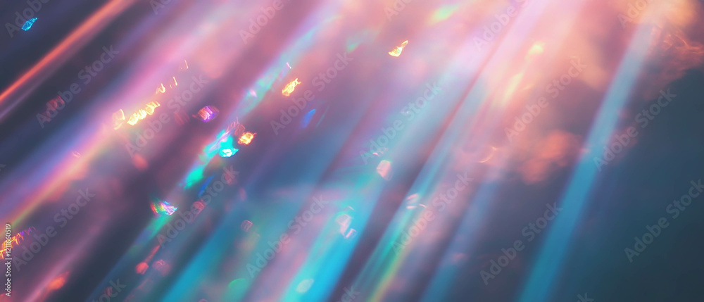 Poster rainbow colored light rays creating a vibrant and spiritual atmosphere in an abstract background