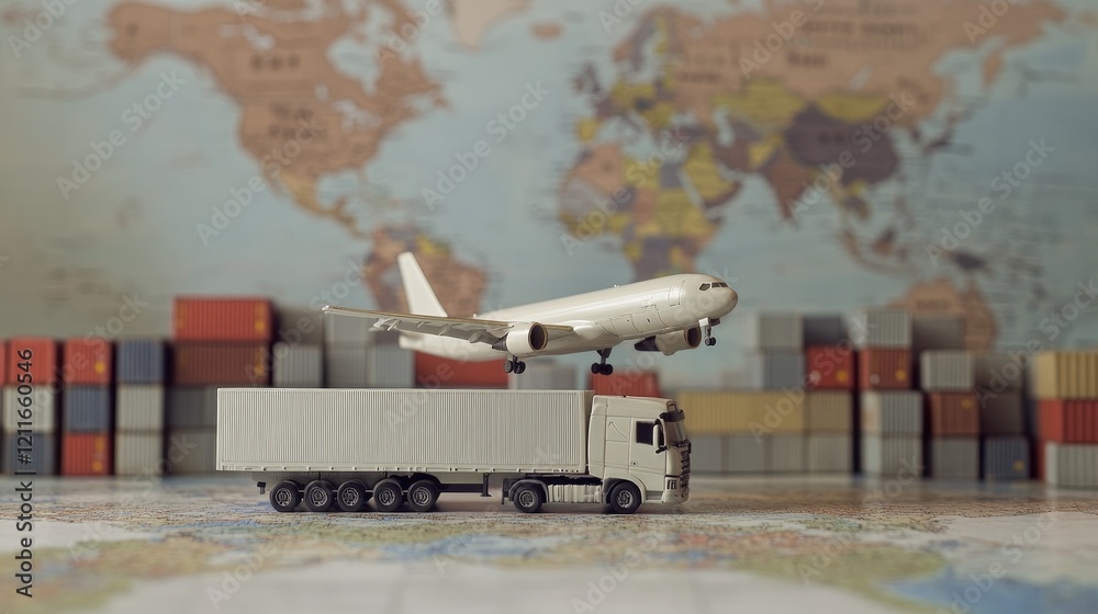 Poster A miniature truck and airplane with a backdrop of stacked containers and a world map, symbolizing the integration of global shipping and logistics.