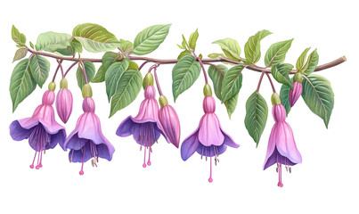 Fuchsia flowers branch botanical illustration, design element