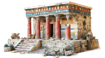 Ancient Minoan palace reconstruction showcasing intricate architecture and vibrant colors isolated on transparent background