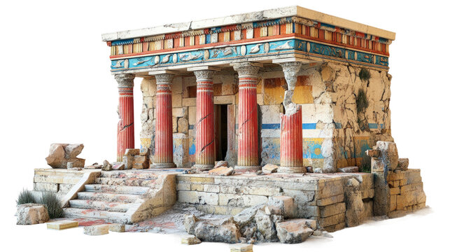 Ancient Minoan palace reconstruction showcasing intricate architecture and vibrant colors isolated on transparent background