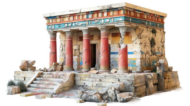Ancient Minoan palace reconstruction showcasing intricate architecture and vibrant colors isolated on transparent background