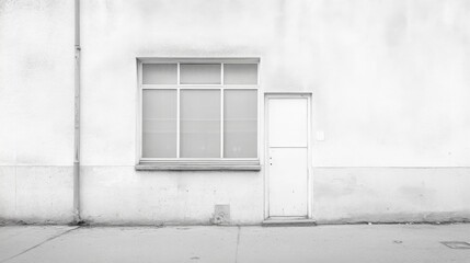 Minimalist monochrome photo of a simple white building exterior with a window and door.