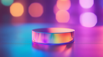 iridescent object on table with blurred bokeh circles in background, an abstract feeling of modern and colorful scene