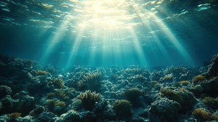 Fototapeta premium Sunbeams Illuminate Vibrant Underwater Coral Reef Ecosystem