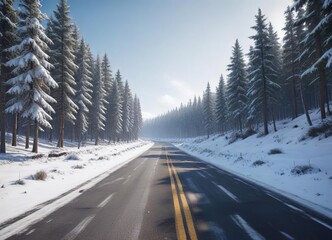 Obraz premium Snow-covered highway amidst a picturesque winter forest, panorama, winter, road, highway, landscape