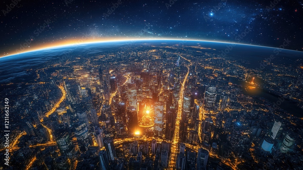 Poster a modern metropolis of neon-lit skyscrapers rises above a glowing earth, highlighting the forward-th