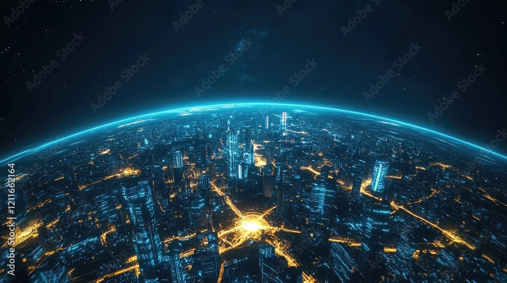 Poster a modern metropolis with neon-lit skyscrapers floating above a glowing earth, emphasizing futuristic