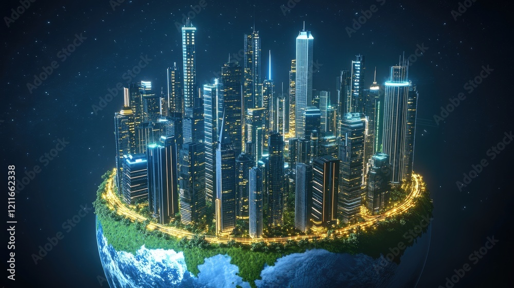 Poster a modern metropolis with neon-lit skyscrapers floating above a glowing earth, emphasizing futuristic