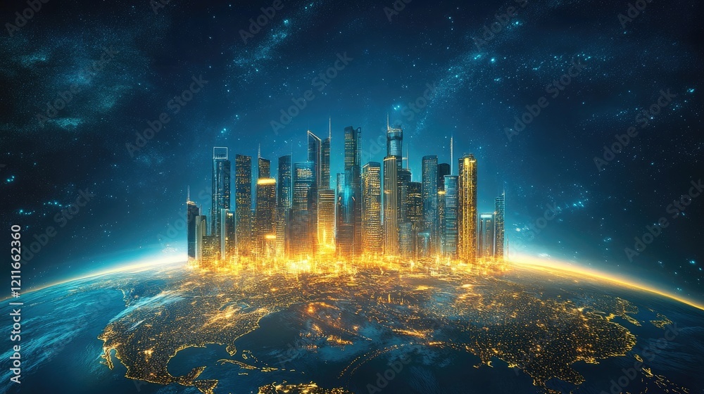 Poster a modern metropolis with neon-lit skyscrapers floating above a glowing earth, emphasizing futuristic