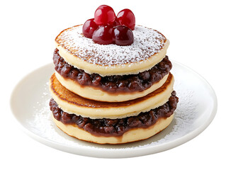 Delicious pancake stack with red beans and cherry toppings cozy kitchen food photography