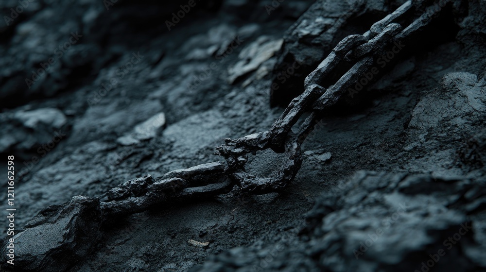 Poster a moody shot of a broken chain on dark gray rocks, with a dark background, representing a broken lin