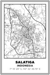 Black and white printable Street map art salatiga City, indonesia. Travel poster with coordinates, poster design, Modern Poster Wall Art Home Decor Ready to Printable