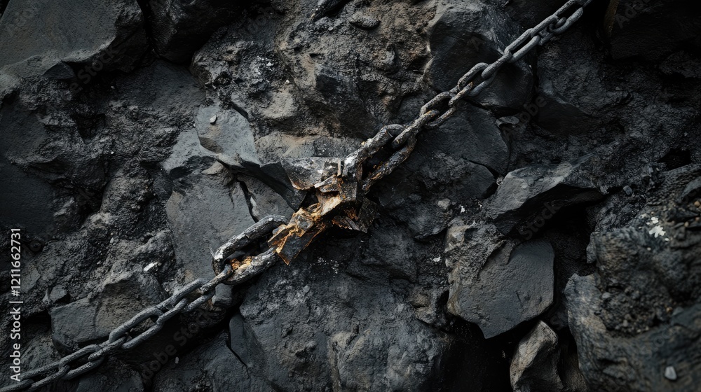 Poster a moody shot of a broken chain on dark gray rocks, with a dark background, representing a broken lin