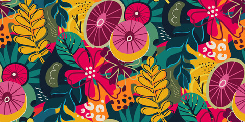 Bright vector seamless pattern with colorful tropical plants and flowers, palm leaves. Cute botanical abstract contemporary endless background.