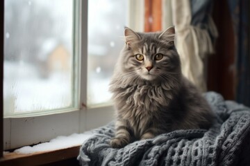 Grey cat resting on a soft grey knitted blanket near a window with snow outside, enjoying the winter view