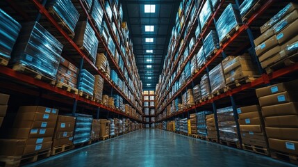 A wide-angle view of a modern warehouse filled with stacked boxes on pallets, showcasing organized storage