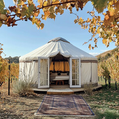 Soft Lavender Yurt with Plush Interiors, Set in Peaceful Outdoor Environment for Relaxation