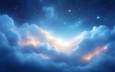 Glowing clouds and stars in night sky.
