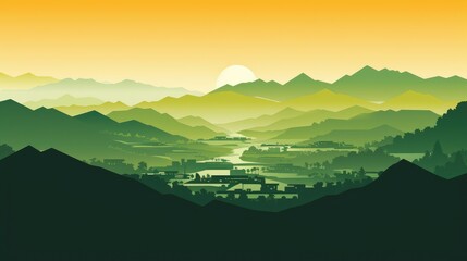 Fototapeta premium A serene landscape featuring mountains, a river, and a sunset in gradient shades of green and yellow.