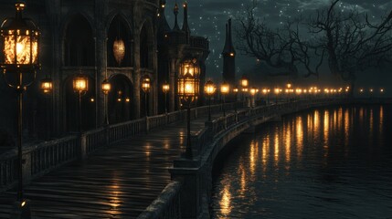 Gothic castle bridge night lanterns fantasy game