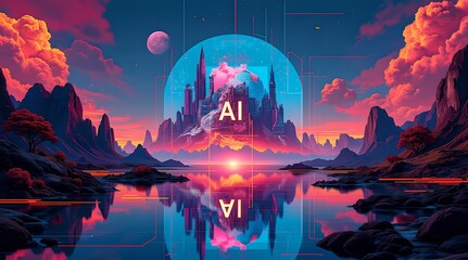 Obraz premium Futuristic city with glowing AI symbol amidst towering skyscrapers and mist