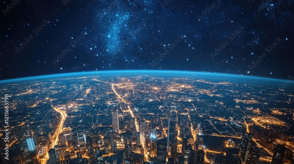 Poster a panoramic view of illuminated skyscrapers and glowing city buildings, set against the backdrop of 
