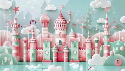 A whimsical fairytale castle with candy cane accents, white clouds, and a sparkling blue water reflection.
