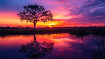 Fototapeta premium Serene Sunset Landscape: A Solitary Tree's Silhouette Reflected in a Calm Lake at Dusk