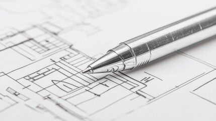 Silver pen rests on architectural blueprint.