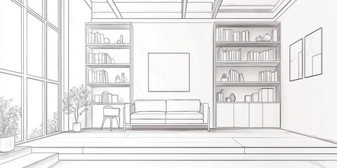 Fototapeta premium Modern Living Room Sketch Design With Bookshelves And Sofa