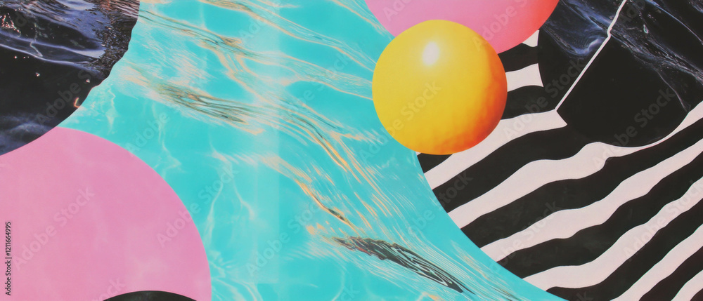 Poster ripples on water create a vibrant abstract design with geometric shapes and bright colors