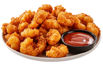 Crispy golden shrimp served with tangy dipping sauce on a plate in a casual dining setting isolated on transparent background