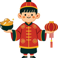 A boy in traditional Chinese attire holding red lanterns or gold ingots